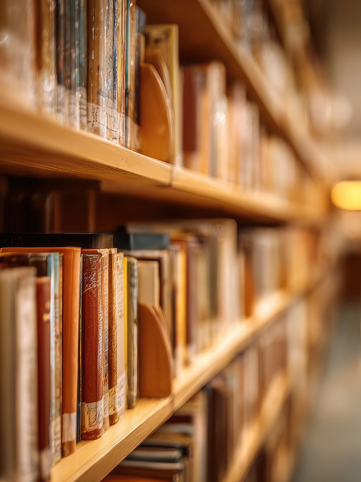 Library shelves of books, the aisle behind them out of focus.